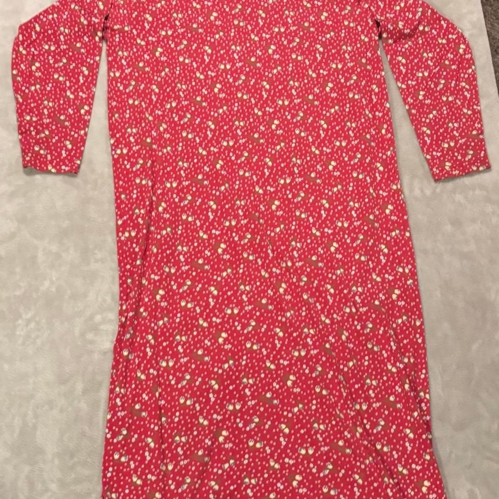 LL Bean Red Floral Turtleneck Long Sleeve Knit Maxi Dress Womens Large RN 71341